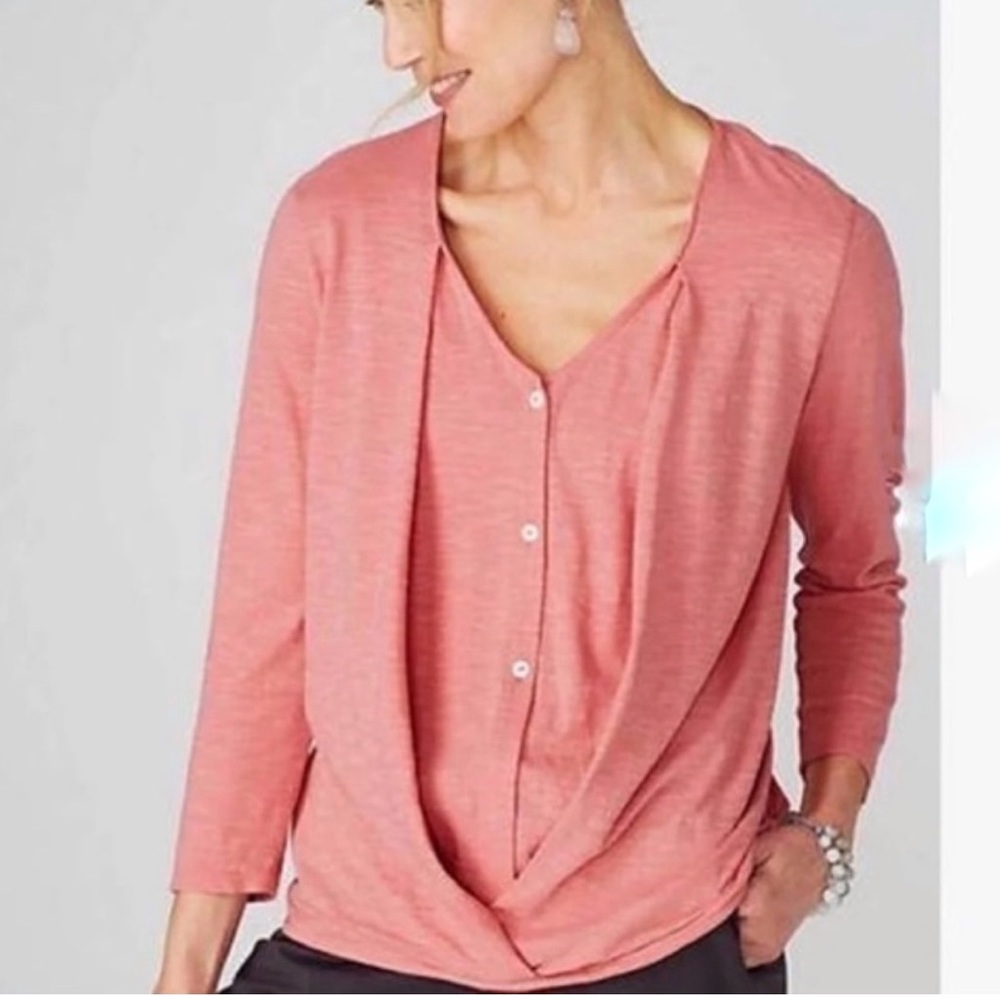 J Jill Pure Jill Slub Cotton Modal Cross Front Top Long Sleeve Button Pink-Large